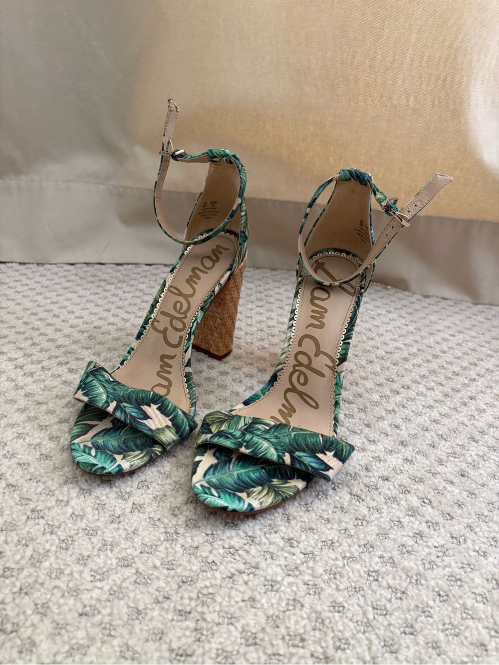 Sam Edelman Green Tropical Leaf Ankle-Strap Block Heels